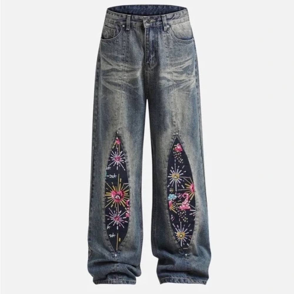 Aelfric Eden Blue Flare Jeans with Colorful Embroidery
